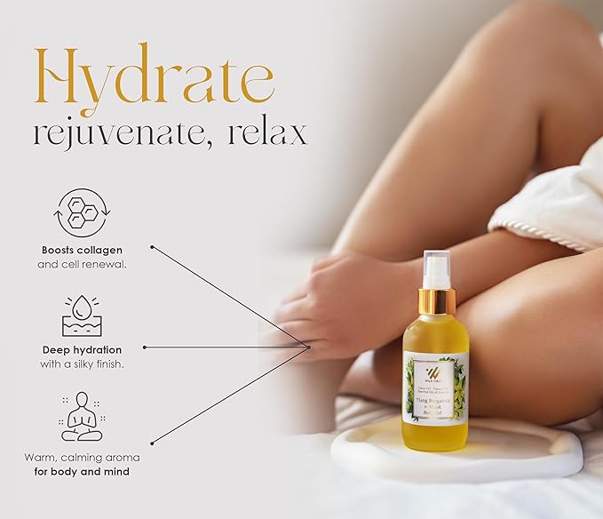 Wild Vibes Ylang Bergamot Body & Massage Oil - Hydrating Jojoba, Papaya Seed Oil, Vitamin E, Lupine Seed Extract for Collagen production – Nourishing Oil for all skin types 4oz