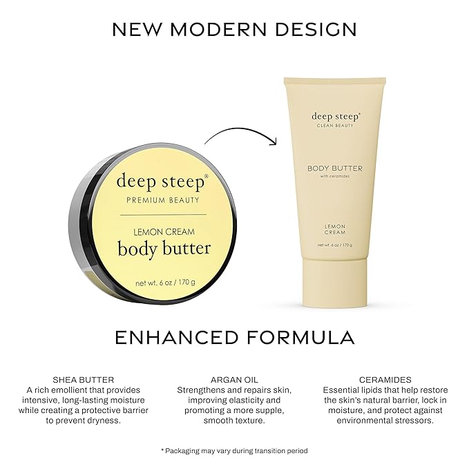 Deep Steep Body Butter, 6 oz – Rich Moisturizer with Ceramides, Coconut Oil, Argan Oil & Aloe Vera – Vegan, Clean Beauty, Smooth & Hydrated Skin (6 Ounces, Lemon Cream)