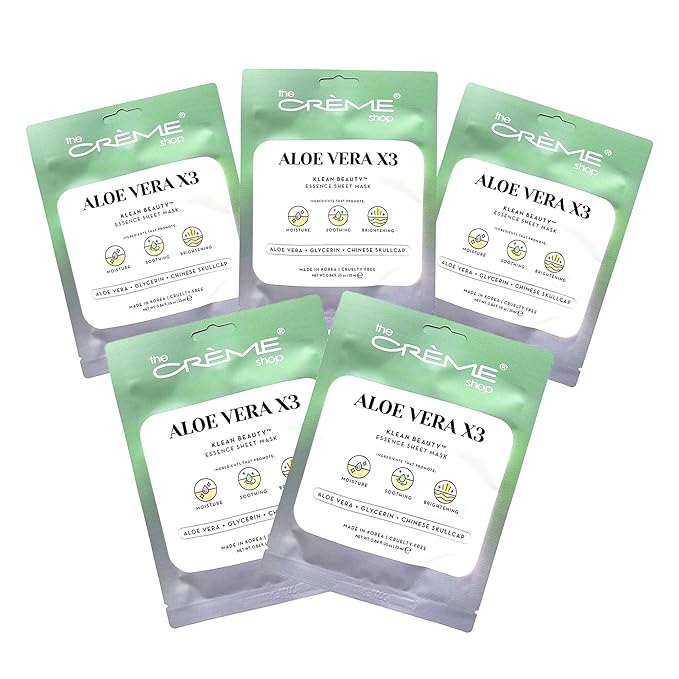 The Crème Shop Klean Beauty Aloe Vera Essence Sheet Mask - Ultra-Hydrating Face Mask Formulated with Aloe Vera, Glycerin & Chinese Skullcap for Hydrated, Calm Skin (Pack of 5)