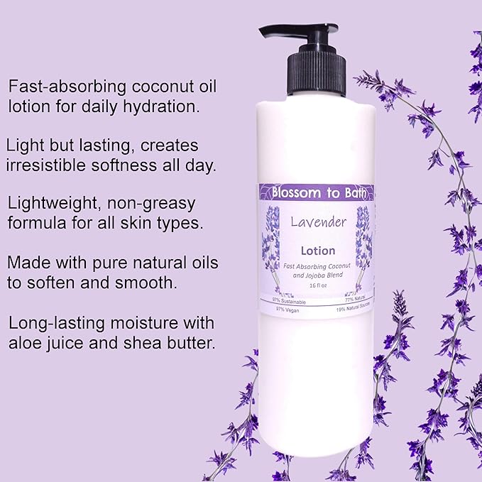 Blossom to Bath Lavender Lotion (16 ounce) - Pure Essential Oil Fragrance - Absorbs Quickly with a Relaxing Comforting Scent