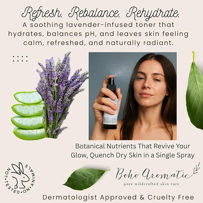 Hydrating Lavender Facial Mist – Natural Face Spray Toner with Pure Lavender Hydrosol – Refreshing & Calming Skincare Mist for Dry or Sensitive Skin – 4 fl oz by Boho Aromatic