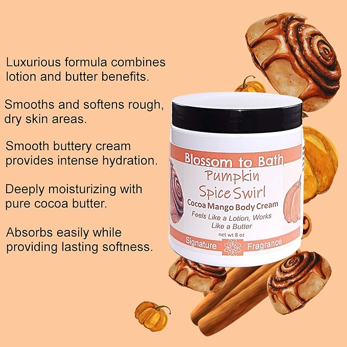Blossom to Bath Pumpkin Spice Swirl Cocoa Mango Body Cream (8 Ounce) - Phthalate Free Fragrance - Feels Like A Lotion And Works Like A Butter with a Warm Spicy Vanilla Scent