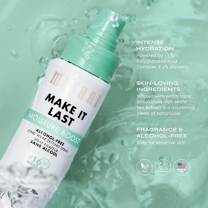 Milani Make It Last Moisture Boost Setting Spray - Alcohol Free Waterproof Makeup Finishing Mist - Hydrating & Soothing Formula for Sensitive Skin - 2 Count