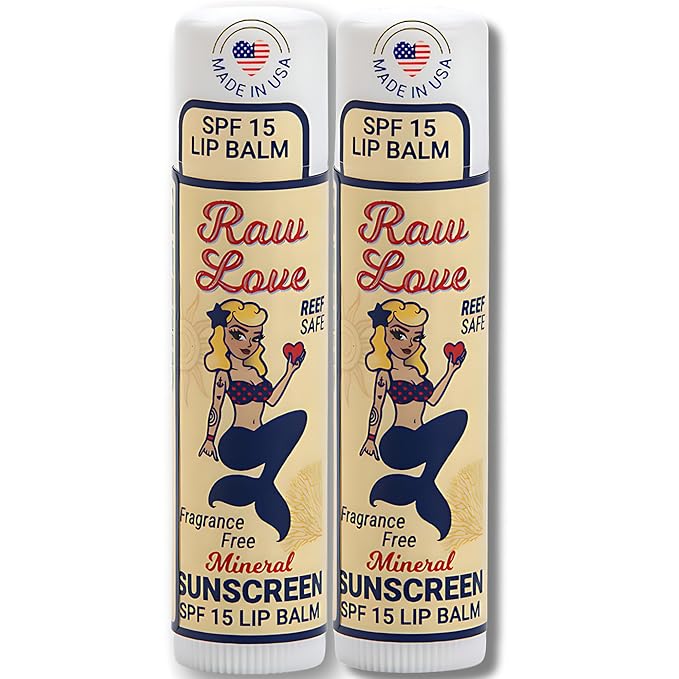 Raw Love SPF 15 Mineral Sunscreen Lip Balm | Reef Safe, Hawaii 104 Reef Act Compliant, Fragrance-Free | Broad Spectrum Natural Lip Care with Non-Nano Zinc Oxide | Made in USA | 0.15 Oz | 2-Pack