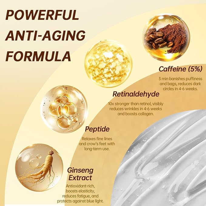 5% Caffeine Eye Cream for Puffy Eyes - Under Eye Brightener Serum Roller for Dark Circles Wrinkles Bags Puffiness, with 360° Massage Cooling Ball, Travel Toiletries (15ml / 0.51fl oz)