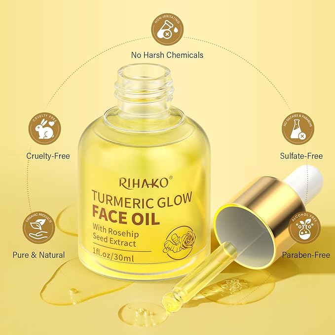 RIHAKO Easter Gifts for Women Turmeric Rosehip Face Oil for Gua Sha – Facial Lymphatic Drainage Oil for Gua Sha Tools, Hydrating Anti-Aging Oil Reduces Fine Lines & Wrinkles, Boosts Radiance
