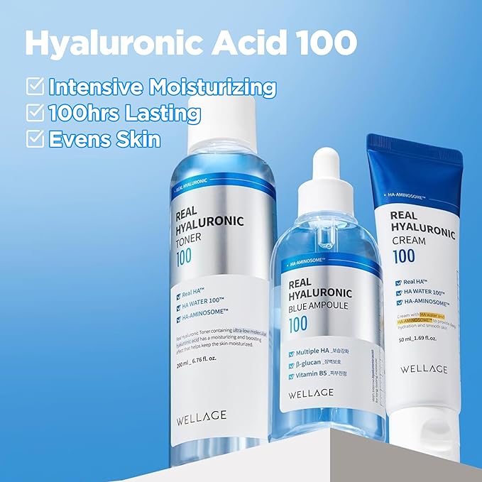 WELLAGE Real Hyaluronic Toner 100 for face, Korean Beauty Toner, 93% Hyaluronic Acid Water, Hydrating for Dry Skin - Deep, Quick Absorption, Hypoallergenic, 10.1 fl.oz + Cotton Pads 60ea