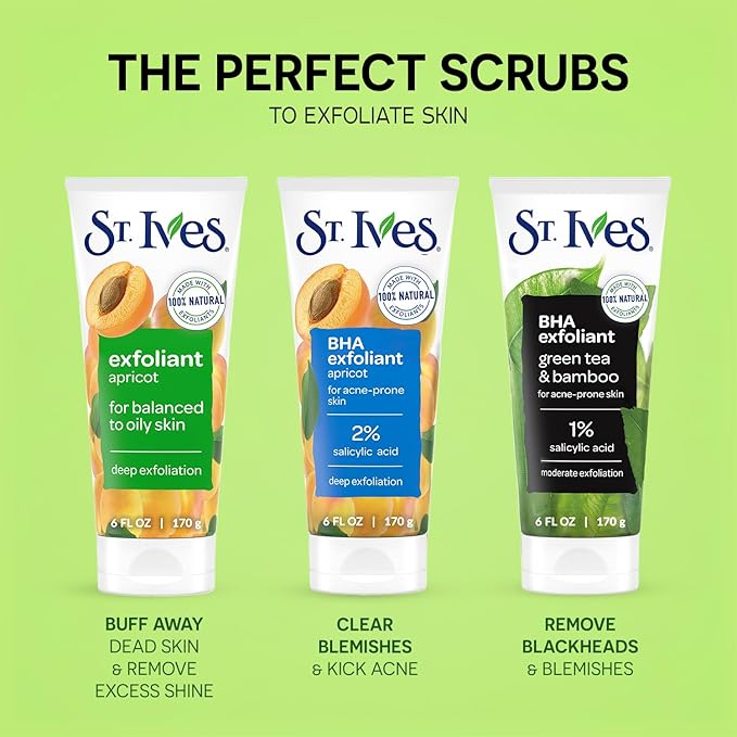 St. Ives Face Scrub, Exfoliant Variety 3-Pack, Fresh Skin & BHA Apricot Scrubs + Blackhead Clearing with Green Tea & Bamboo, 6 Oz Ea