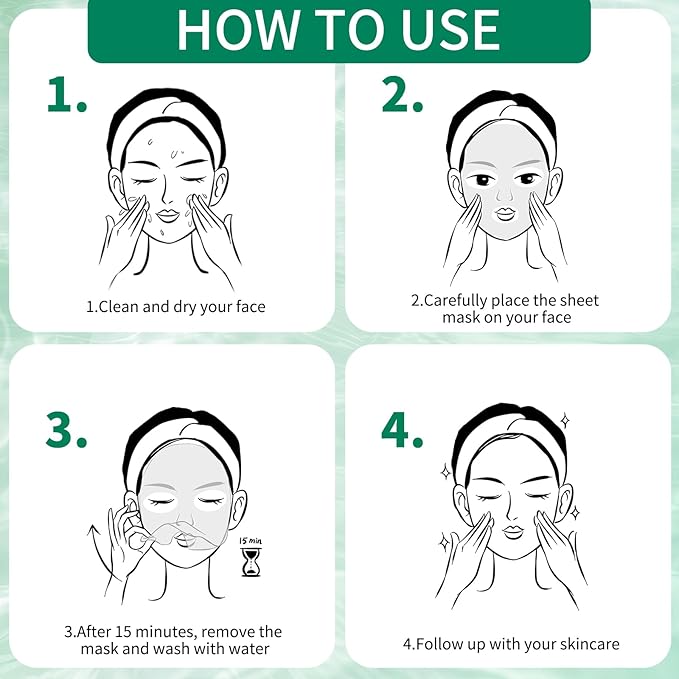 Face Masks Skincare, Pack of 5 Sheet Masks, Hydrating Facial Mask for All Skin Types, Deep Moisturizing, Balance Skin Water & Oil, Soothing, Green Tea