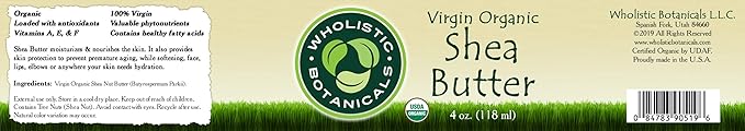 Virgin Organic Shea Butter — Softening Body Moisturizer, Organic Body Butter for Face, Lips, Skin and Elbows — Vitamin E, Antioxidant, Inflammatory Response — 4 oz