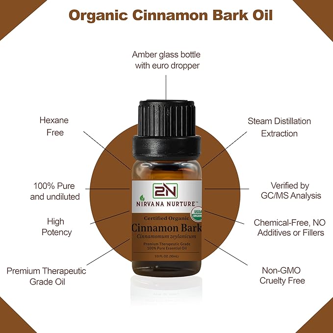 Cinnamon Bark Essential Oil, USDA Certified Organic, 100% Pure Undiluted, Aromatherapy Oil for Diffuser, Hair & Skin Care