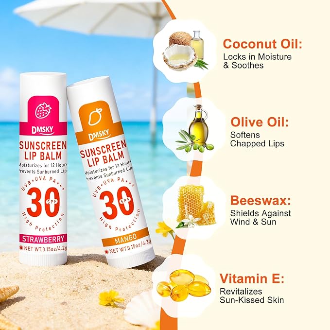 DMSKY SPF 30 Sunscreen Lip Balm, Lip Sunscreen Travel Size 60 Pack, Clear No White Cast Sun Protection Lip Care with Vitamin E, Broad Spectrum SPF Lip Balm 10 Flavors