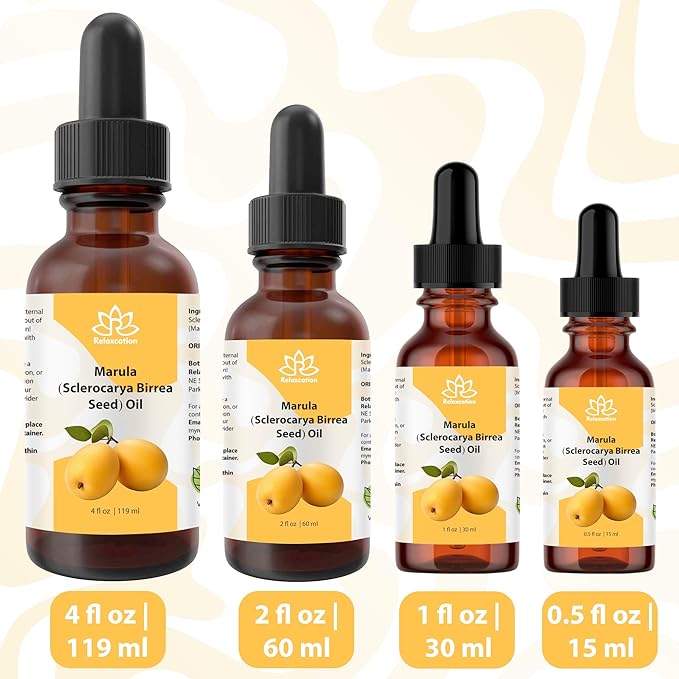 Relaxcation Marula Oil – Cold Pressed Organic Oil from Sclerocarya Birrea Seeds | Pure Extract for Hair, Face, Nail & Body | Unrefined, Vegan, Hydrating, Travel Size Glass Bottle (0.5 oz)