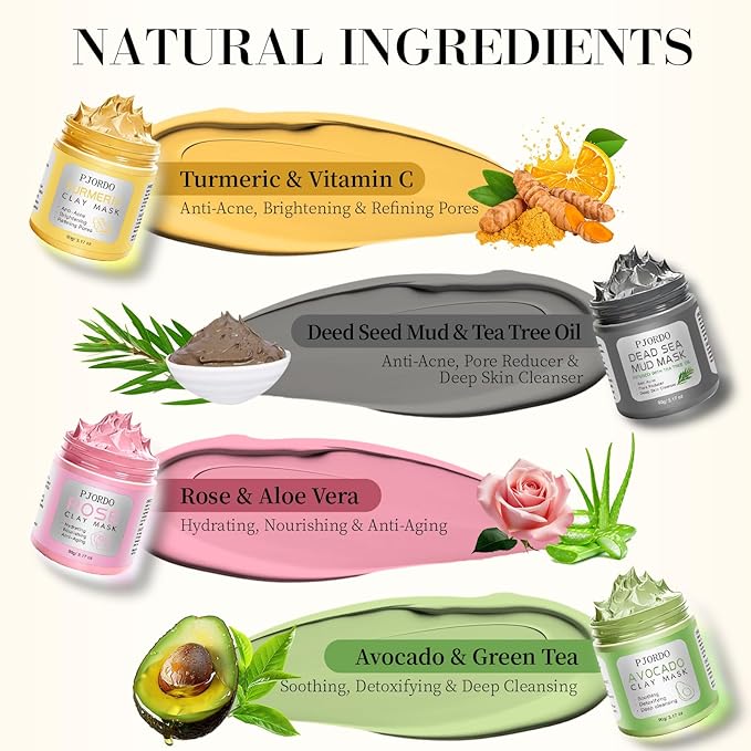 Pjordo 4 Pcs Clay Mask for Face(360g in Total), Turmeric Vitamin C, Dead Sea Mud, Green Tea Avocado, Rose, Face Mask Skincare for Pore Cleansing, Facial Masks for Women Skin Care, 3.17 Oz Each