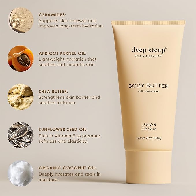 Deep Steep Body Butter, 6 oz – Rich Moisturizer with Ceramides, Coconut Oil, Argan Oil & Aloe Vera – Vegan, Clean Beauty, Smooth & Hydrated Skin (6 Ounces, Lilac Blossom)