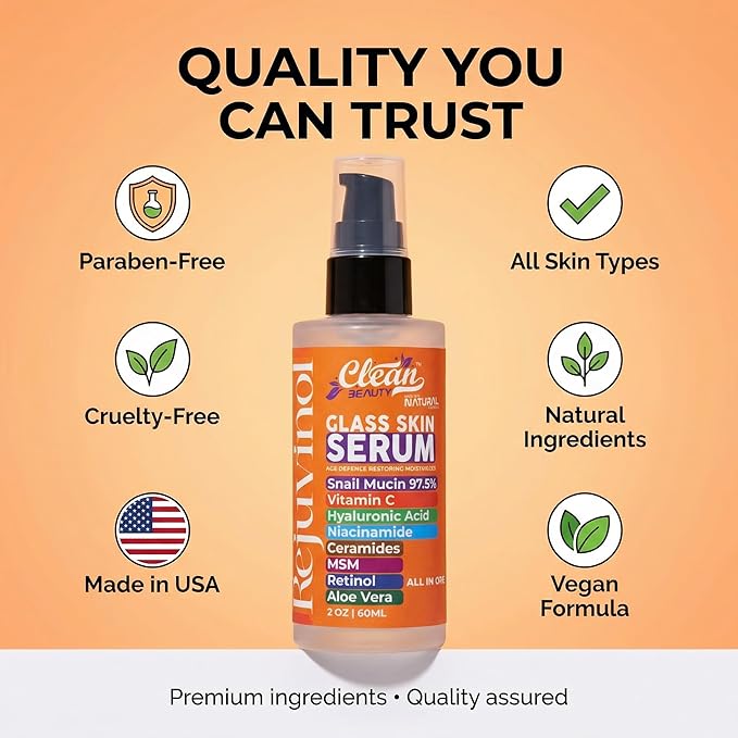 Clean Beauty Snail Mucin Serum Vitamin C Face Serum Anti Aging with Hyaluronic Acid Niacinamide Retinol MSM Aloe Vera & Ceramides, Korean Skin Care Dark Spot Remover for Glowing Skin Beauty, Pack of 1