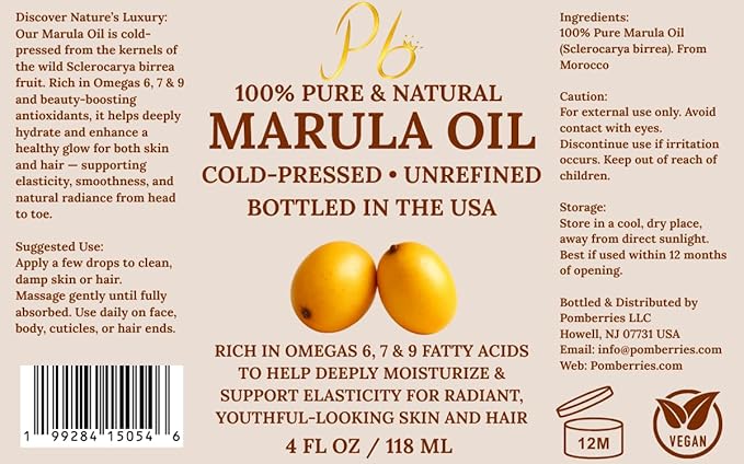 Pomberries Marula Oil for Face, 100% Pure Cold-Pressed Unrefined, Moisturizing Skin & Hair Oil, Lightweight Non-Greasy Hydrating Face Oil- 4 fl oz Glass Bottle