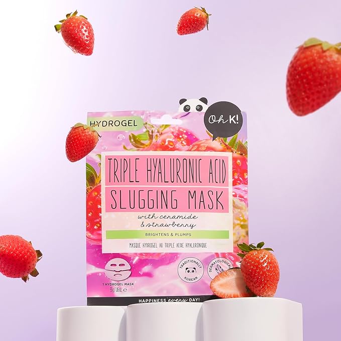 Oh K! Triple Hyaluronic Acid Slugging Mask with Ceramides and Strawberry, Brightens and Plumps, K Beauty, Biodegradable, Vegan and Cruelty Free, 33g