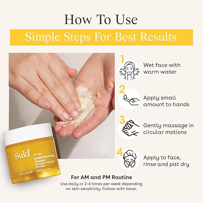 Suki Skincare Exfoliate Foaming Cleanser - With Natural Sugar & Colloidal Oat - Facial Exfoliator & Mechanical Exfoliant that Reduces Dry Skin Buildup While Promoting Radiant, Smooth, Soft Skin - 4 oz