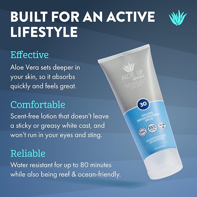 Aloe Up Sport Sunscreen Body Lotion SPF 30 – Broad Spectrum Sunblock with Hydrating Aloe Vera Gel – Non Greasy, No White Cast, Reef Friendly, Fragrance Free –