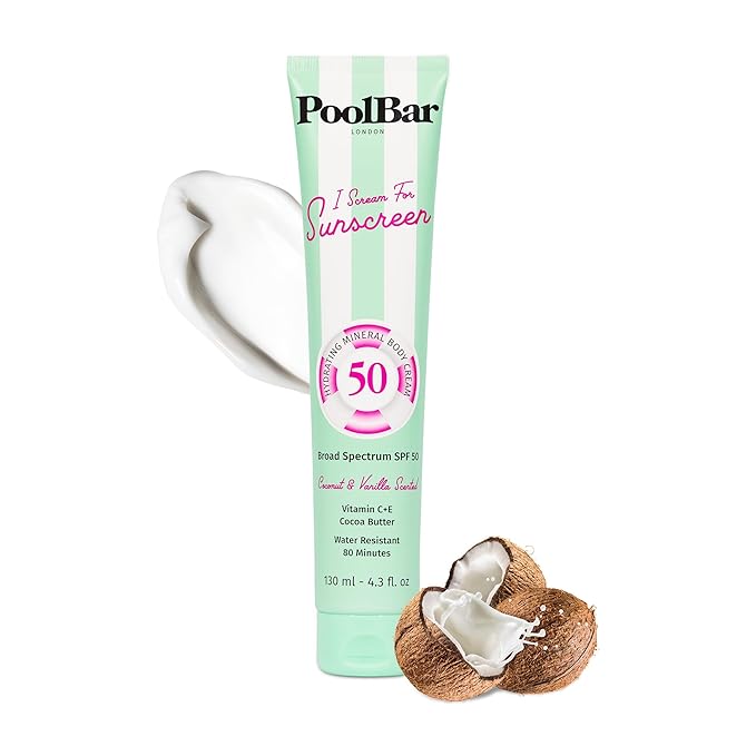PoolBar SPF 50 Hydrating Mineral Body Sunscreen Cream for Women and Men Skin Care - Coconut Vanilla Scent Sun Care, Vegan and Water Resistant, Broad Spectrum Sunscreen, 130 ml (4.3 Fl. Oz)