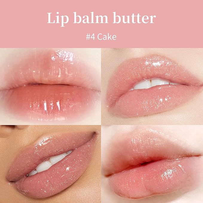 Shimmer Lip Butter Balm, High Shiny Finish Lip Glow Oil Lip Gloss, Jelly Yummy Tint Lip Stain Balm, Long Lasting Hydrating Non-Sticky Ultra-Nourishing Fat Lip Care Oil for Women, #4 Cake