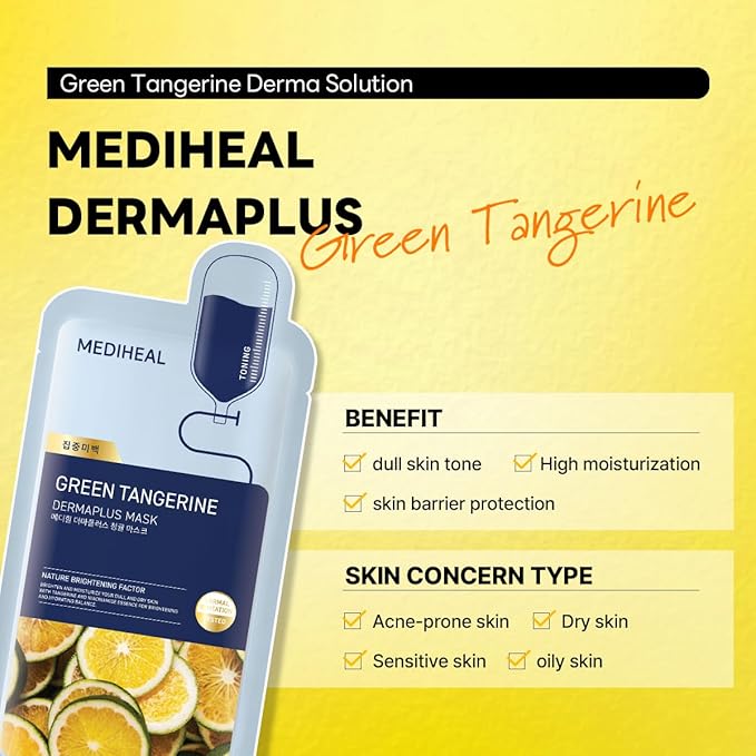 Mediheal Dermaplus Green Tangerine Mask (10 Counts) - Daily Vegan Mask for Toning Skin with Panthenol & Hyaluron, Korean Self Skin Care Sheet Mask
