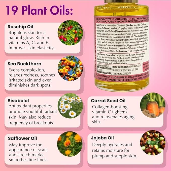 MONA Brands Natural Face Oil with Rosehip, Vitamin E, and Argan Oil | Pure Botanical Skincare | Anti-Aging Oil | All Skin Types | Rose Scented | 1.0 fl oz, Pack of 1