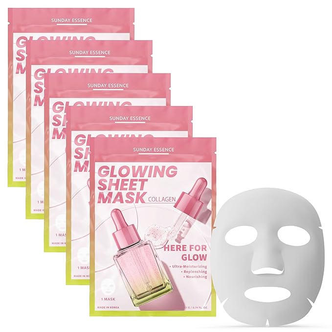 Collagen Face Mask For Glass Skin – Hydrating & Firming Sheet Mask For Dry & Tired Skin – Dermatologist Tested, Anti-Aging, Korean Skin Care– 95% Natural, Vegan, Clean Beauty – 5 Sheets