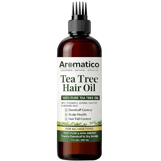 Aromatico Tea Tree Hair Oil with Vitamin E, Jojoba, Castor & Sesame Oils – Lightweight Scalp & Hair Care Oil for Dry Scalp, Shine & Smooth-Looking Hair – Non-Greasy Formula, 200 ml / 7 fl oz