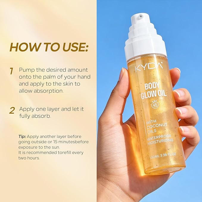 KYDA Travel Size Sunscreen,SPF 45 Sunscreen Spf Body Oil with Gold Mica, Sun-kissed Glow Skin Illuminator, Moisturizing Coconuts Summer Sunscreen,Water Resistant, 3.38 fl oz, GOLD