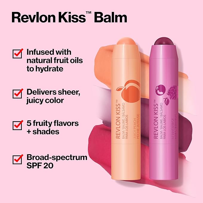 Revlon Kiss Tinted Lip Balm with SPF 20, Hydrating, Flavored, Infused with Natural Fruit Oils, 030 Sweet Cherry, 0.09 oz