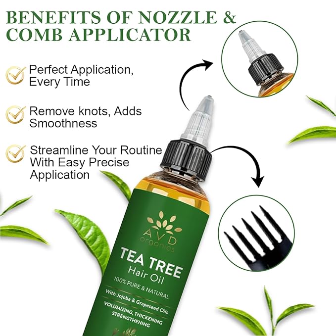 AVD Organics Tea Tree Oil for Hair & Scalp 120 ML | 100% Pure and Natural Tea Tree Hair Oil | Soothes Itchy Scalp | Moisturize Skin Strengthen Hair | Ideal for Both Men and Women | 4 fl oz