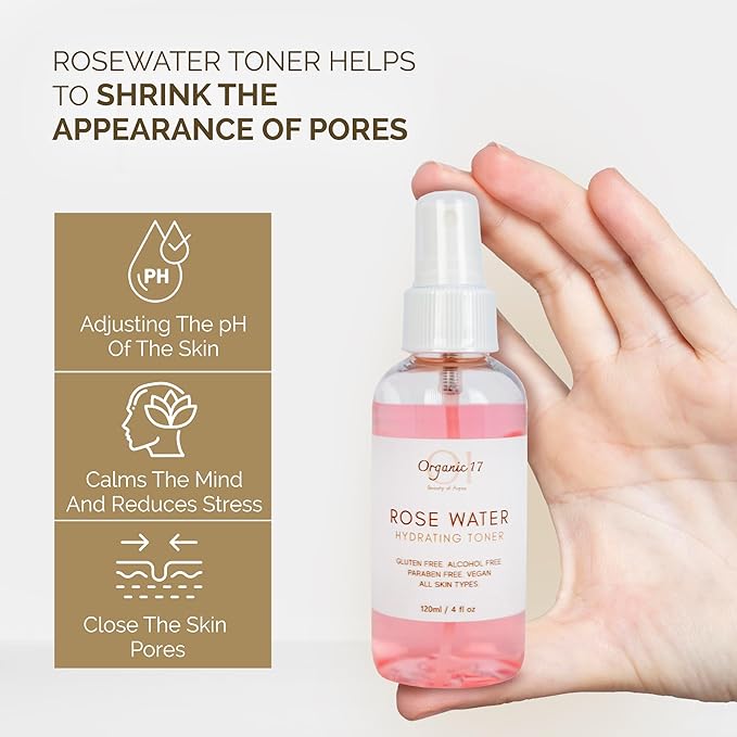 Rose Water Hydrating Toner Spray – Organic Aloe Vera & Hibiscus Face Mist, Alcohol Free & Dermatologist Tested for Sensitive & All Skin Types – 120ml