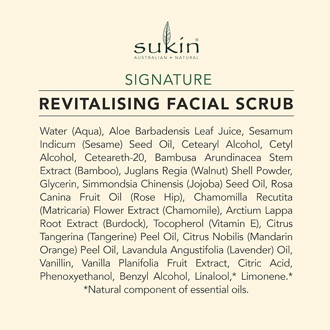 Sukin Organics Revitalizing Face Scrub, Hydrating Cream-Based Facial Exfoliator with Bamboo Extract & Walnut Shell Exfoliant, Cleansing & Soothing, Normal to Dry Skin Types, Paraben Free, 4.23 Fl Oz