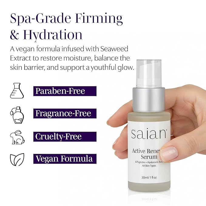 Saian Active Renewal Peptide Serum – Anti-Wrinkle Firming Facial Skin Booster with Hyaluronic Acid & Multi-Peptide Complex | Smooths Fine Lines, Crows Feet & Aging Skin | Vegan Spa-Grade Skincare
