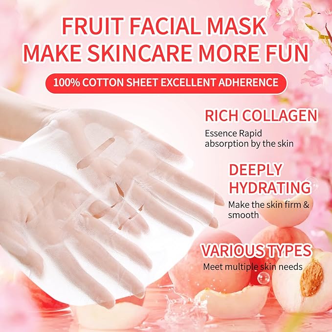 Hydrating Facial Masks Skincare for Women,Honey Peach Face Mask Sheet Skincare, Moisturizing Face Mask for All Skin Types (10-Packs)