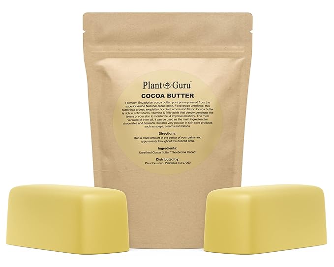 Plant Guru Raw Cocoa Butter 2 lbs. Bar - 100% Pure Natural Unrefined FOOD GRADE Arriba Nacional Cacao Bean, Great For Chocolate Making, Soap, Lip Balm and Moisturizer For DIY Body Butters
