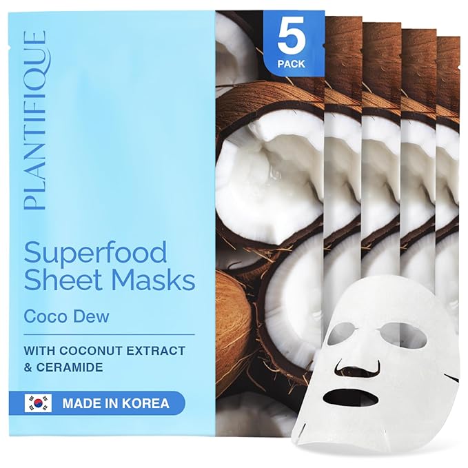 PLANTIFIQUE Korean Sheet Mask, 5 Pack - Moisturizing & Nourishing Face Masks with Hyaluronic Acid, Coconut & Ceramide NP - Mascarillas Faciales