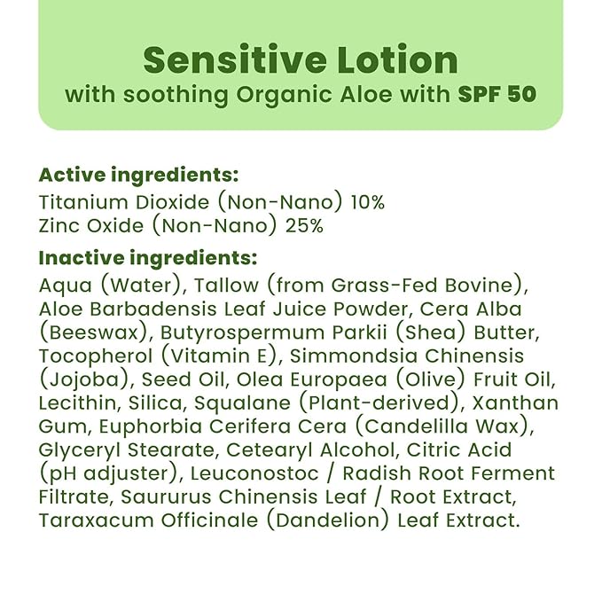 Organic Tallow Mineral Sunscreen SPF 50 with Non-Nano Zinc Oxide — Reef Safe UVA/UVB Broad Spectrum Sunblock, Water Resistant 80 Min, Moisturizing Lotion for Face & Body, 3.4 fl oz