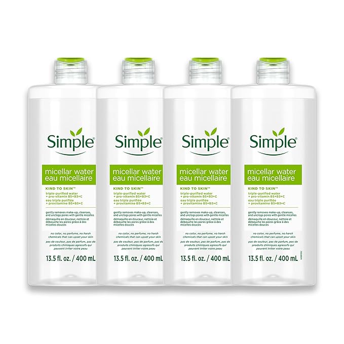 Simple Kind To Skin Micellar Water - Makeup Remover and Facial Cleanser - Face Cleanser with Pro-Vitamin B5, B3 and C - Vegan, No Perfumes - 4 pc