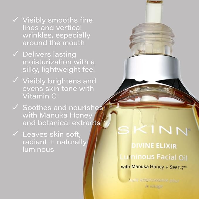 SKINN Anti-Aging Luminous Face Oil for Sensitive Dry & Mature Skin - Lightweight, Non-Greasy Facial Oil Reduces Fine Lines & Wrinkles - Manuka Honey & Vitamin C - Moisturizing Oil for Deep Hydration