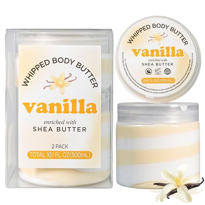 Vanilla Whipped Body Butter for Vanilla Scent Whipped Body Butter for Women, Shea Body Moisturizer for Dry Skin, Gentle Hydration with Long Lasting Moisture-3.4 floz+6.8 floz
