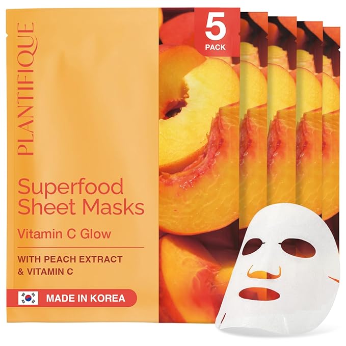 PLANTIFIQUE Korean Sheet Mask, 5 Pack - Glowing & Hydrating Face Masks with Peach Extract, Vitamin C & Hyaluronic Acid - Mascarillas Faciales