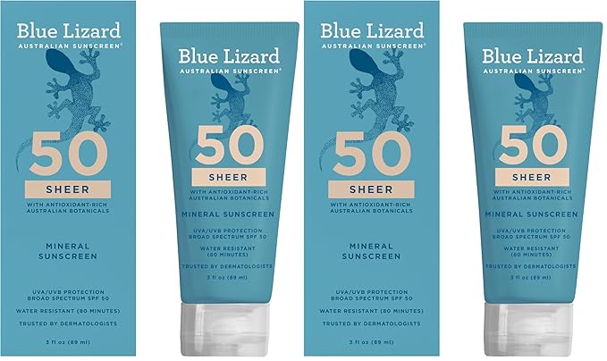Blue Lizard Sheer Mineral SPF 50 Sunscreen Lotion, Zinc Oxide, 100% Mineral Formula, Nourishes with Australian Desert Lime and Peach, Paraben-Free, Fragrance-Free, 3 fl oz, (Pack of 2)