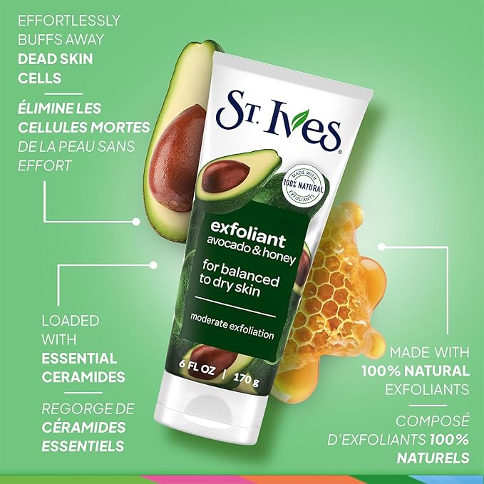 St. Ives Face Scrub, Exfoliant Variety 2-Pack – Avocado & Honey + Rose Water & Aloe Vera Microexfoliant for Balanced, Dry & Sensitive Skin