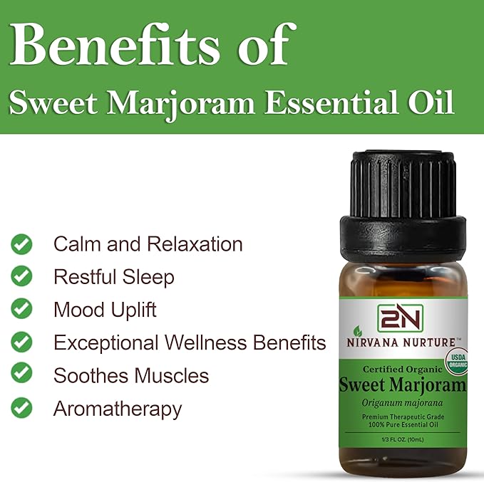 Sweet Marjoram Essential Oil, USDA Certified Organic, 100% Pure Undiluted, Aromatherapy Oil for Diffuser, Hair & Skin Care