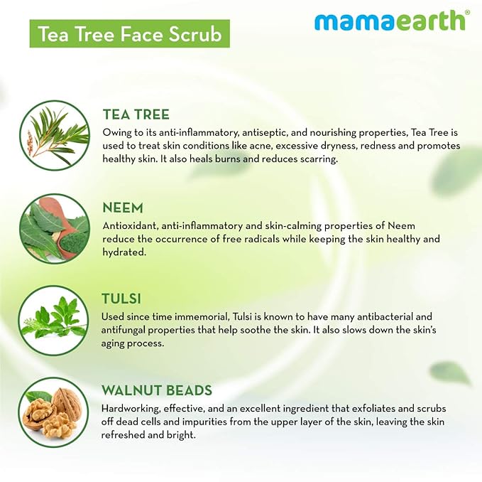 Mamaearth Tea Tree & Neem Face Scrub for Skin Purification | Gently Exfoliates & Cleanses Dirt | Controls Acne & Excess Oil | Suits All Skin Types | 3.53 Oz (100 g)