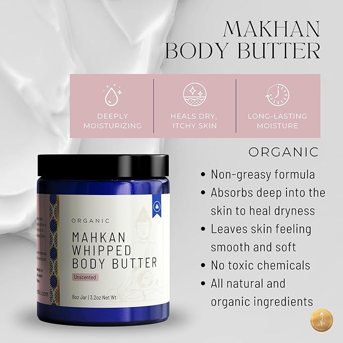 Organic Mahkan Whipped Body Butter 8 oz Jar | Airy & Nourishing Formula | Unscented | Non-Greasy, Deeply Hydrating, Organic & Natural Ingredients (8 oz, Unscented)