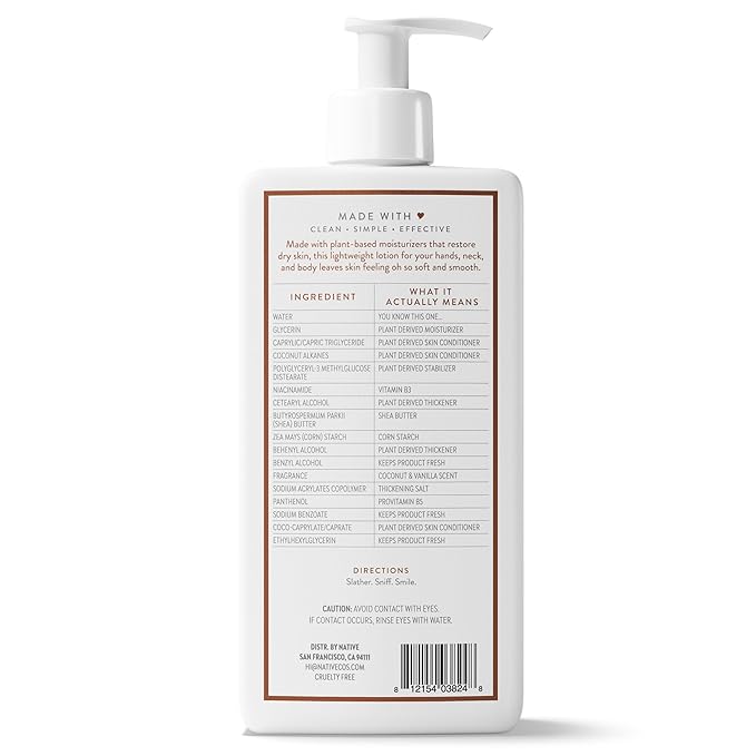 Native Body Lotion, Coconut & Vanilla, 48-Hour Hydration for Dry & Sensitive Skin, Made with Plant-Based Moisturizers like Shea Butter, Silicone & Paraben Free, 16.5 fl oz